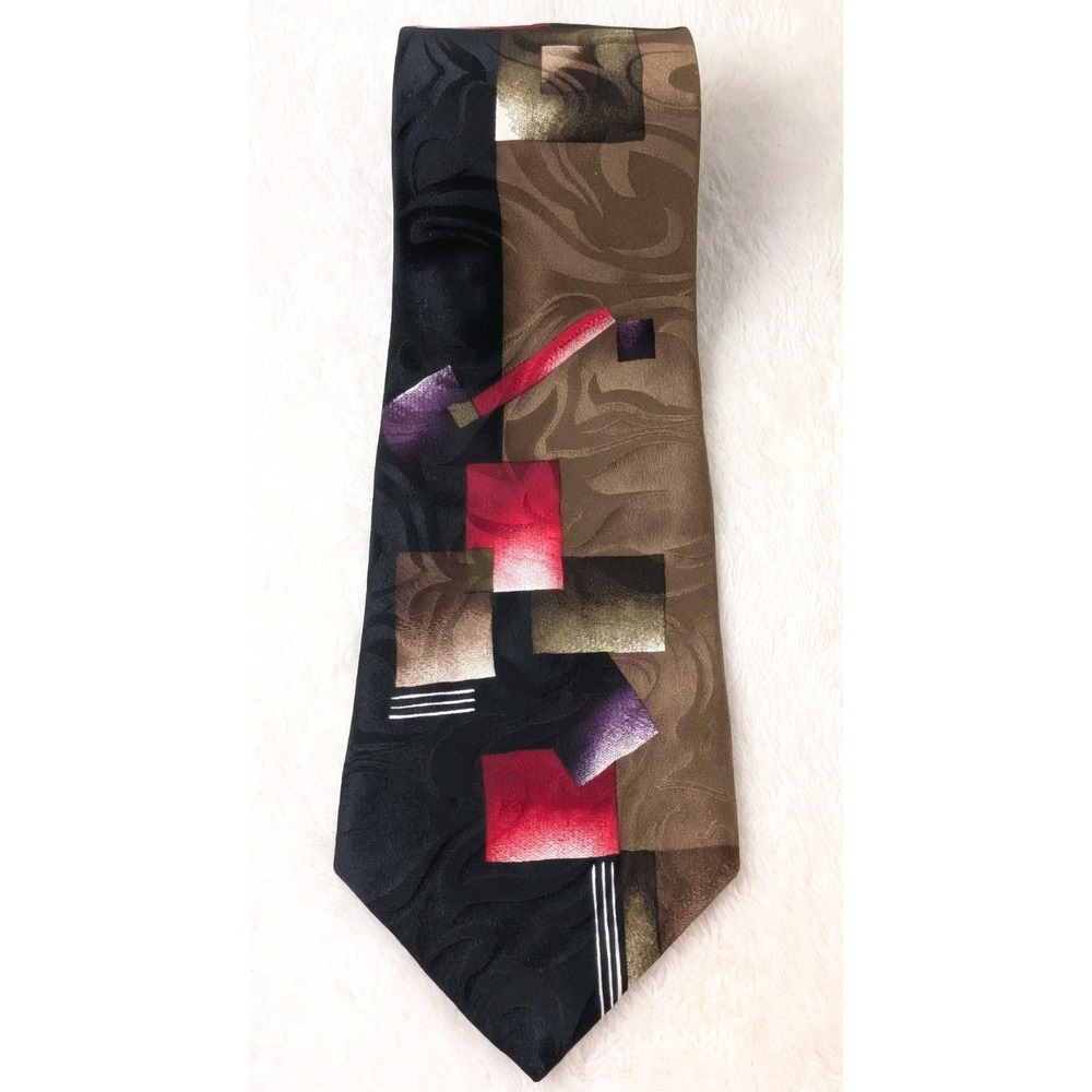 J.T. Beckett Men's Silk Tie Abstract Geometric Brown Black Red Pattern Neckwear